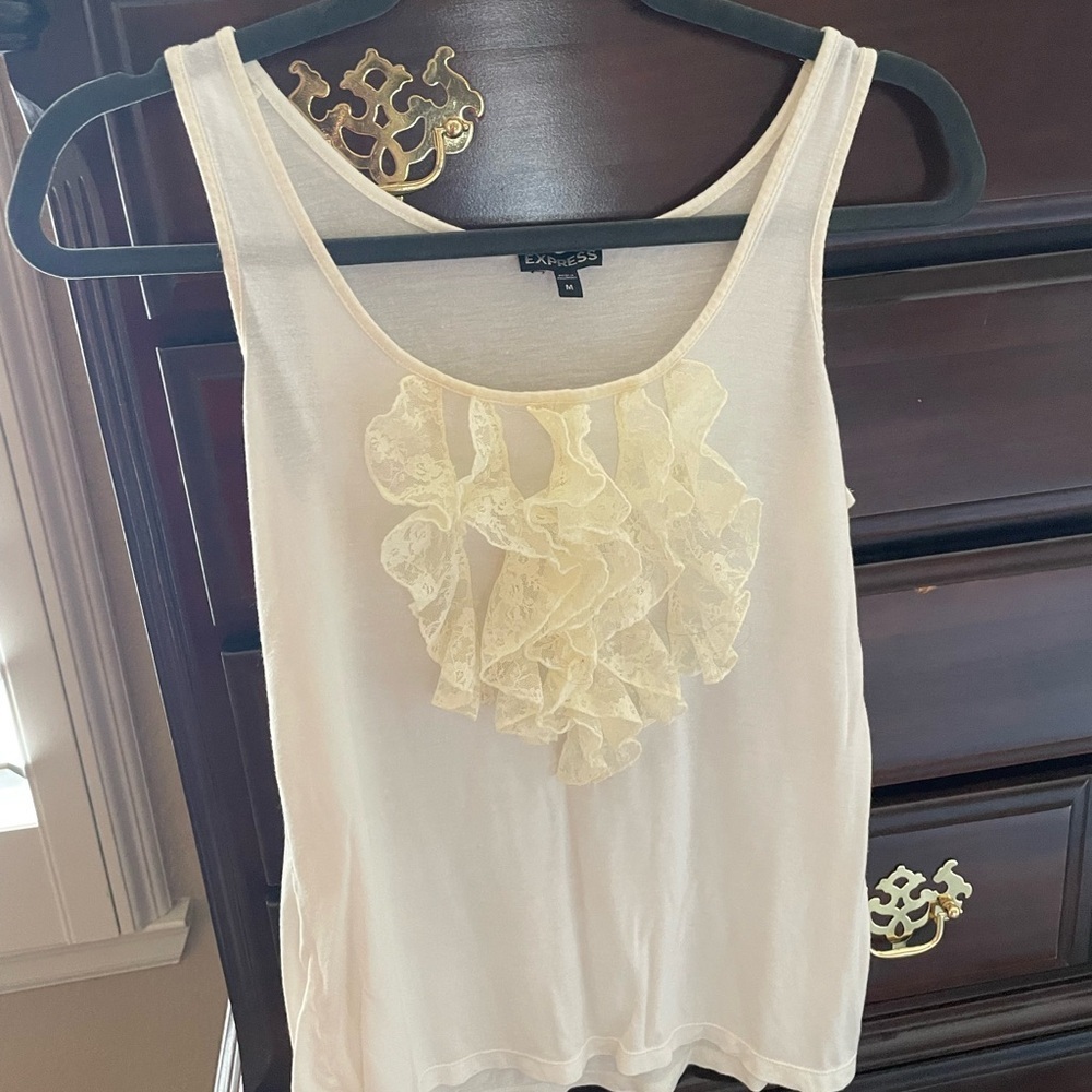 Express White Tank Top with Cream Ruffle Detail flirty Cottagecore feminine